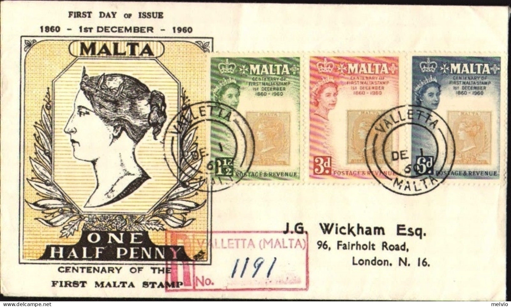 1960-Malta Raccomandata Fdc Illustrata Affrancata S.3v."Centenario Del Francobol - Malte