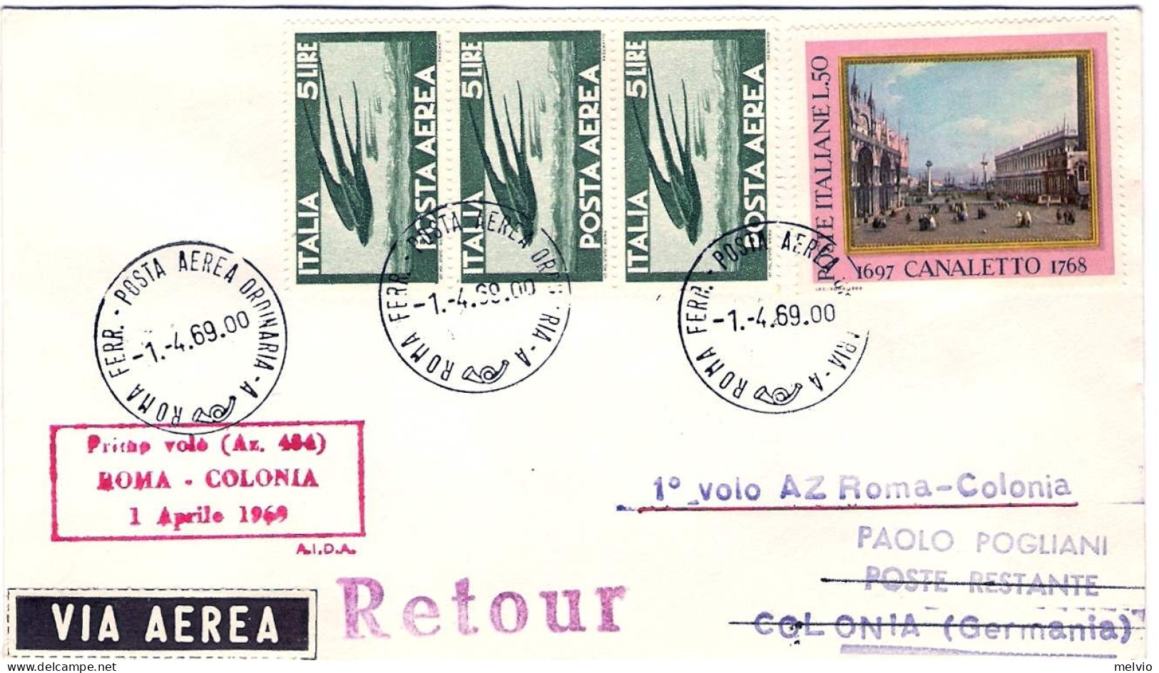 1969-I^volo AZ484 Roma Colonia Del 1 Aprile - Poste Aérienne