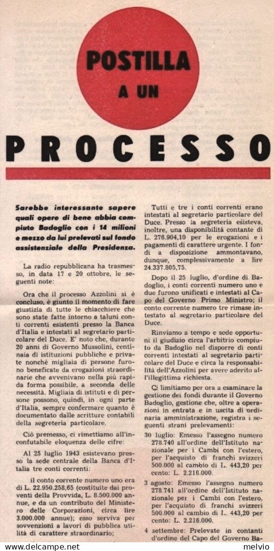 1944-R.S.I. POSTILLA AD UN PROCESSO Volantino Propaganda (mm.160x345) Stampa In  - Marcophilie