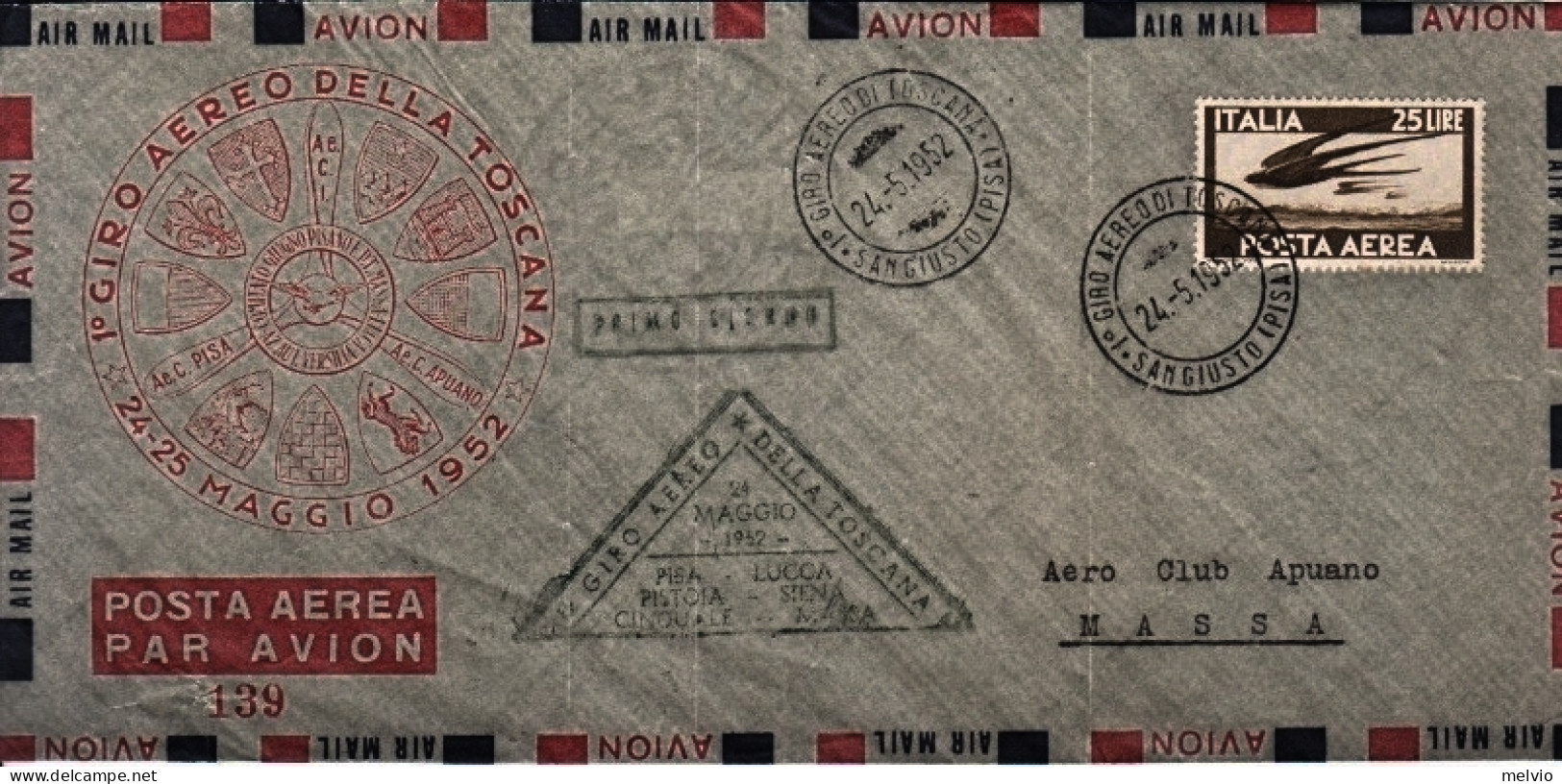 1952-I^ Giro Aereo Della Toscana Annullo Speciale Su Busta Viaggiata Tappa Pisa- - Airmail