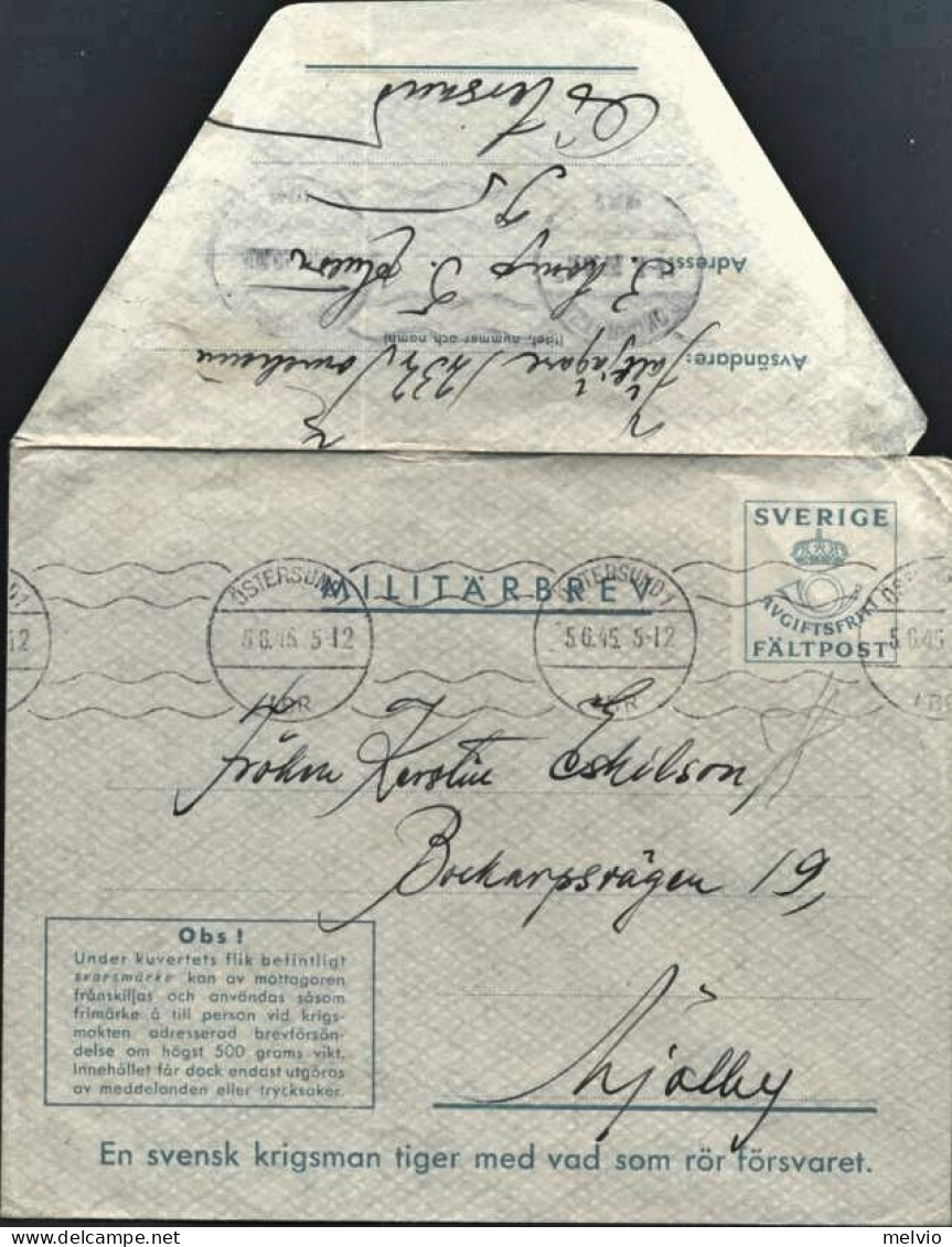 1945-Svezia Lettera Militare Da Ostersund Con Al Verso Bandella Fustellata Faltp - Altri & Non Classificati