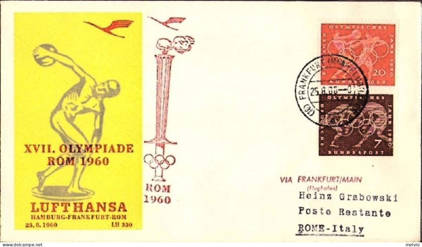 1960-Germania Volo Speciale Lufthansa Amburgo Francoforte Roma Bollo Rosso Via F - Storia Postale