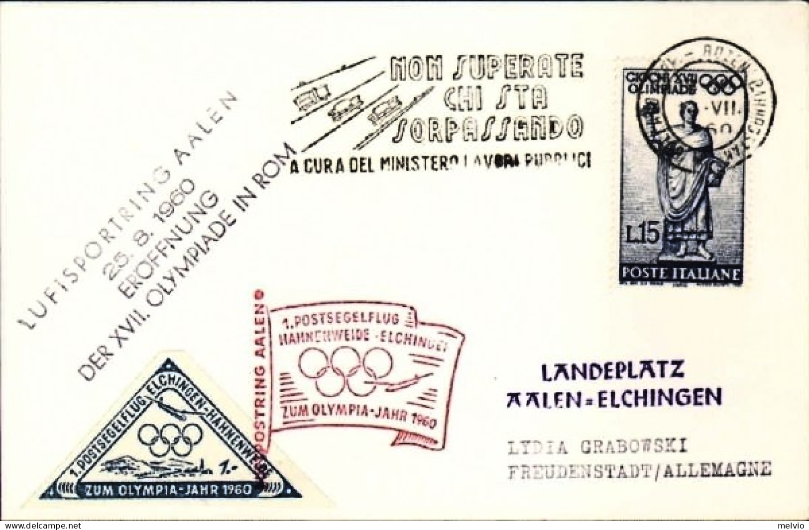 1960-cartoncino Affrancato L.15 Giochi 17^ Olimpiade Con Erinnofilo Azzurro Volo - Cinderellas