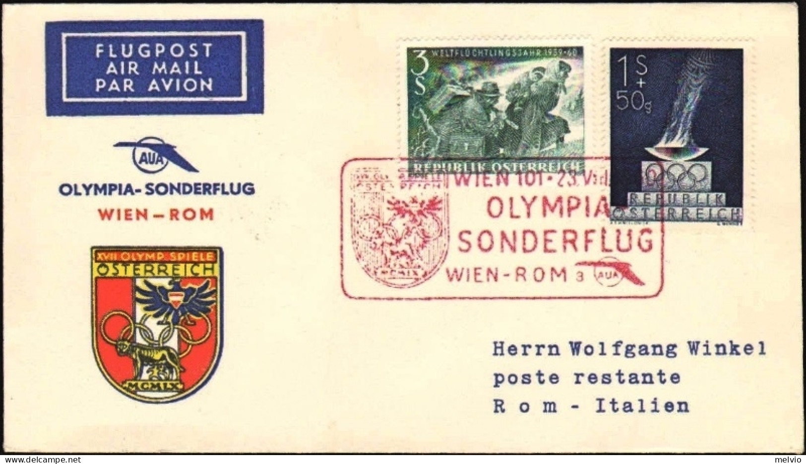 1960-Autriche Osterreich Austria Con BolIo I^ Volo Olimpico AUA Vienna Roma "3"  - Luftpost