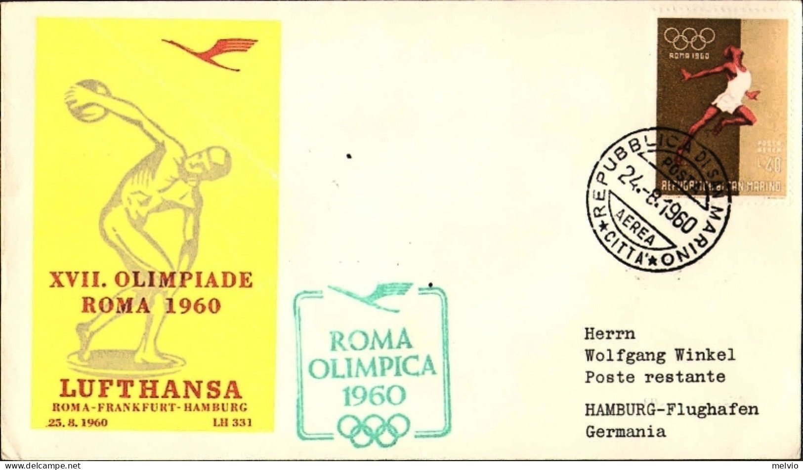 San Marino-1960 17^ Olimpiade Di Roma Volo Lufthansa Roma Francoforte Amburgo - Luftpost