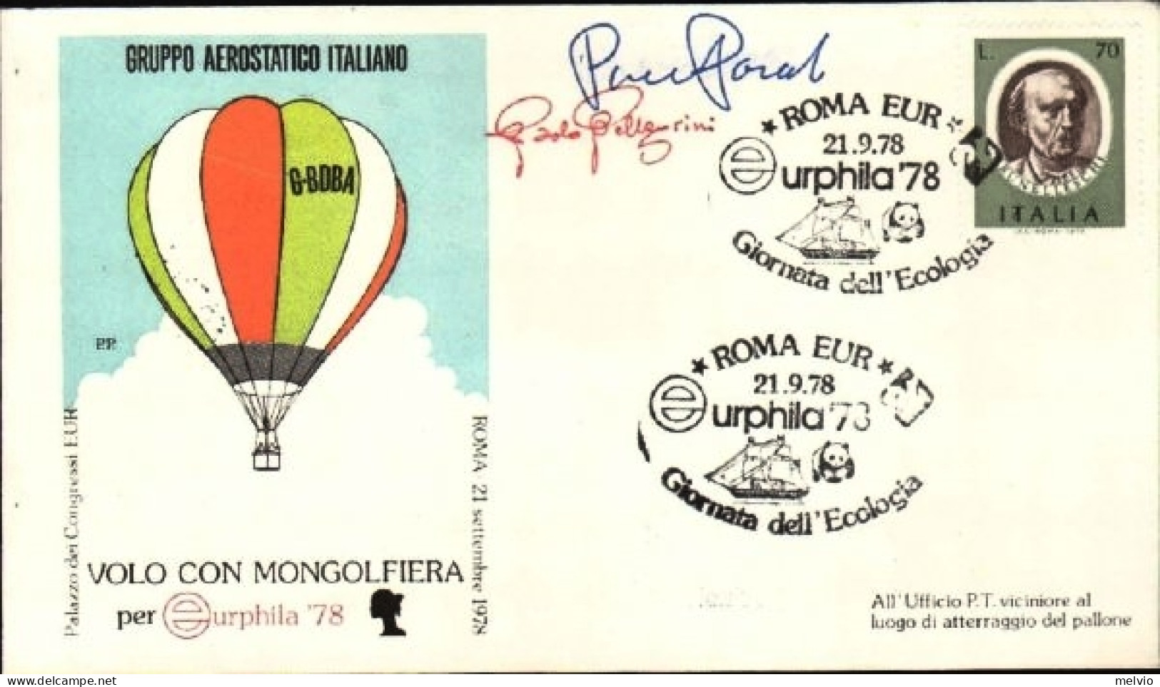 1978-volo Con Mongolfiera Per Eurphila Roma-Pomezia Firma Degli Ascensionisti, A - Poste Aérienne