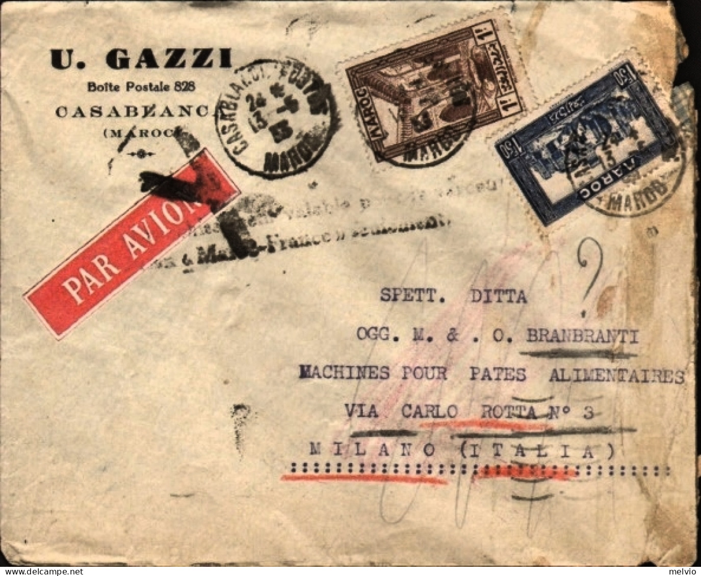 1933-Marocco Timbro Di Cancellazione Poco Leggibile,diretto In Italia - Storia Postale