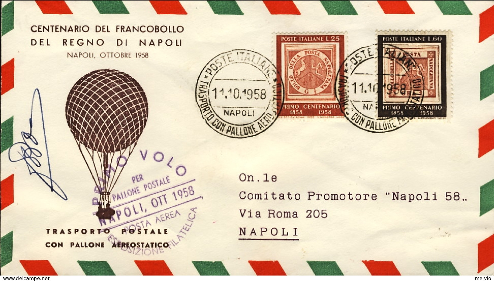 1958-commemorativo Del Primo Trasporto Postale Con Pallone Aereostatico, Realmen - Luchtpost