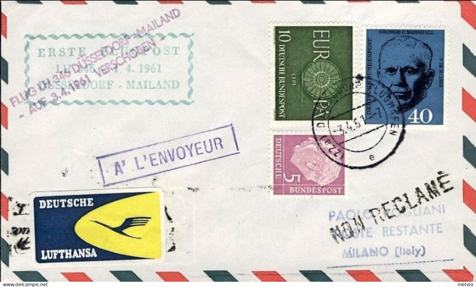 1961-Germania Volo Lufthansa Dusseldorf-Milano Rimandato Al 3 Aprile - Covers & Documents