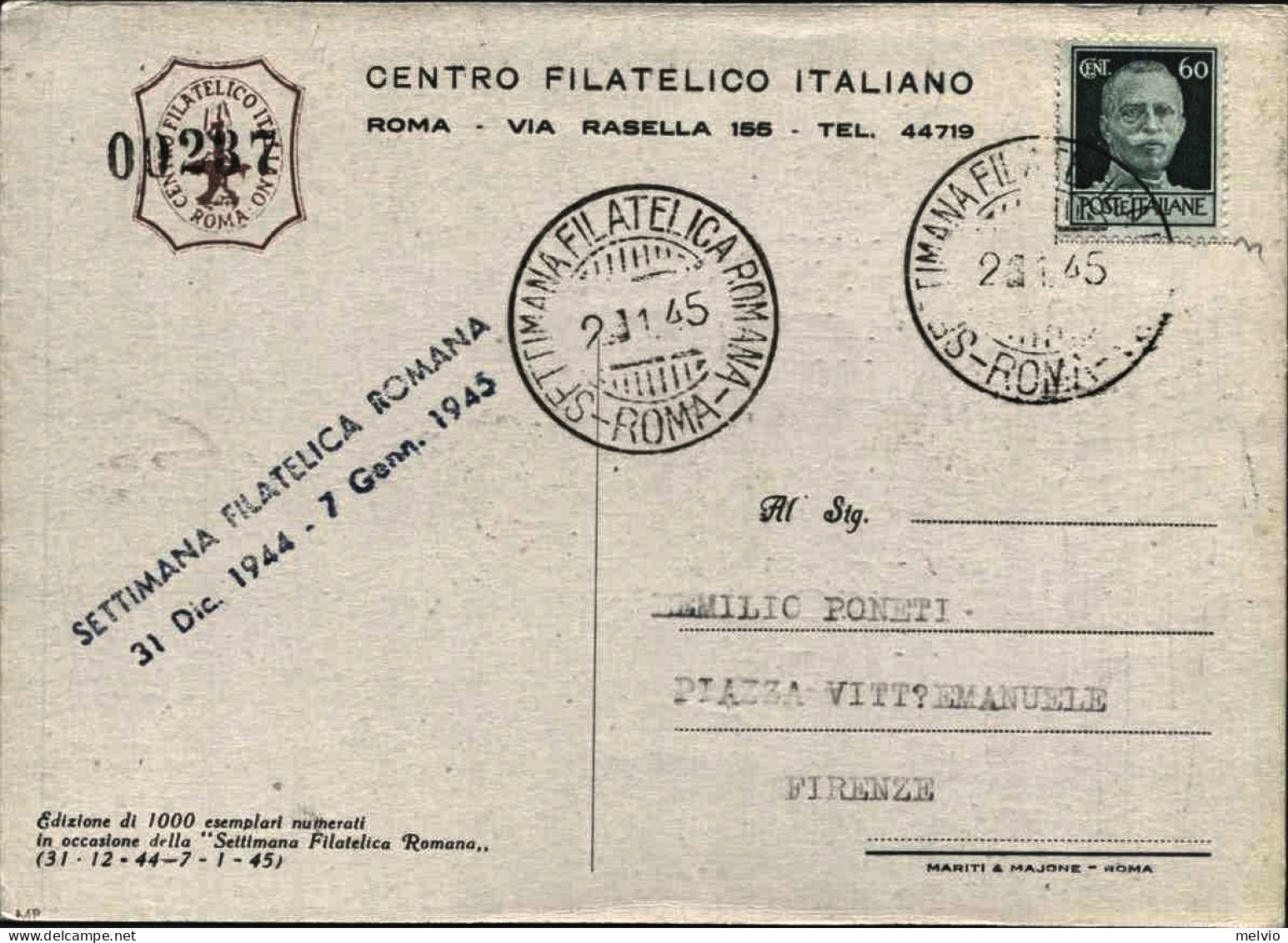 1945-cartolina Centro Filatelico Italiano Affrancata 60c.Imperiale Senza Fasci C - Poststempel