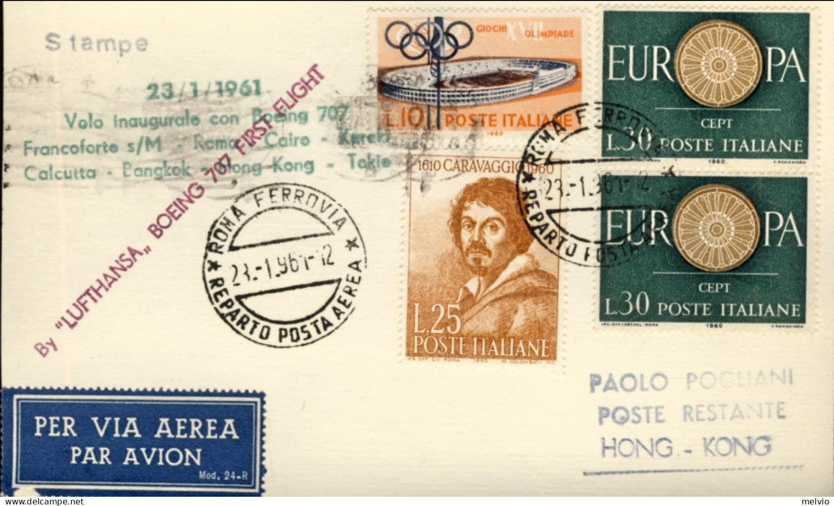 1961-Lufthansa I^volo Boeing 707 Roma-Hong Kong Cartoncino Del 23 Gennaio - Covers & Documents