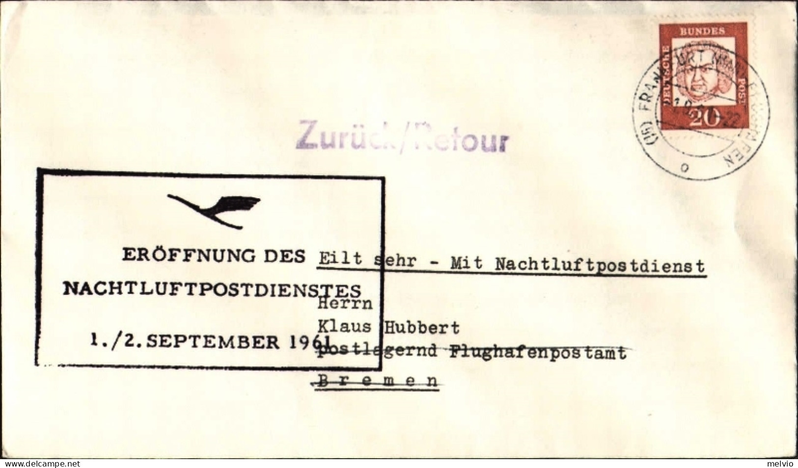 1961-Germania Volo Postale Notturno Lufthansa Eroffnung Des Nachtluftpostdienste - Cartas & Documentos