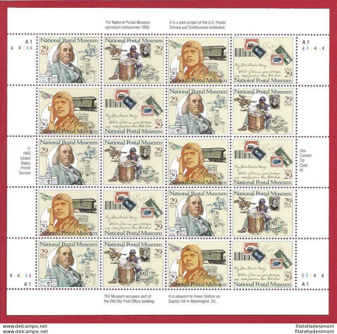 1993 Stati Uniti ,Museo Postale N.  2505/2508 FOGLIO MNH/** - Andere & Zonder Classificatie