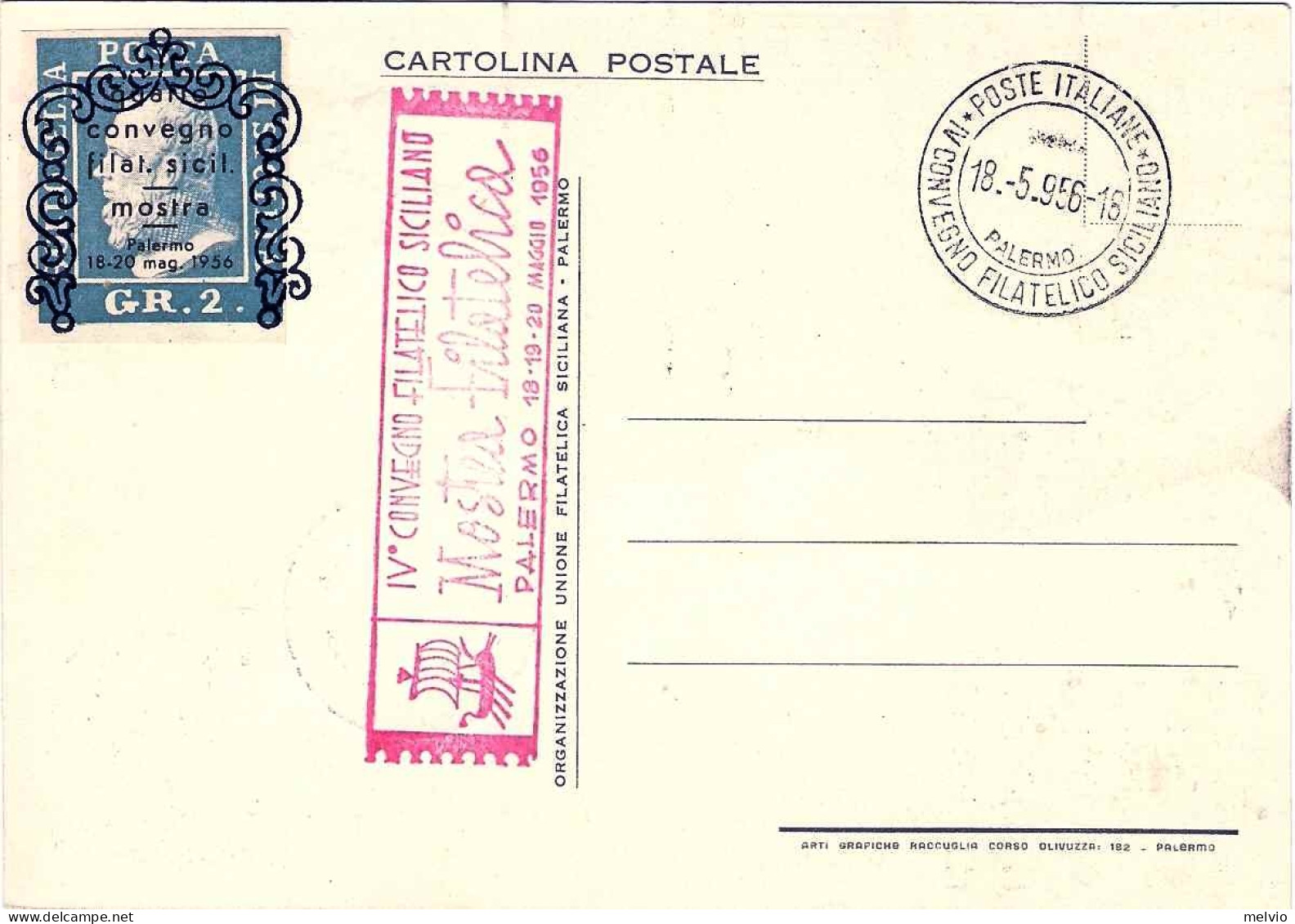 1956-cartolina IV Convegno Filatelico Siciliano-Palermo Affrancata L.10 Beato An - Betogingen