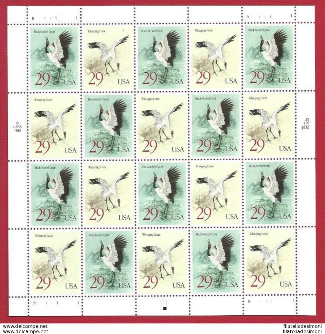 1994 Stati Uniti, N. 2616/2617 Uccelli- Le Gru Minifoglio MNH** - Andere & Zonder Classificatie