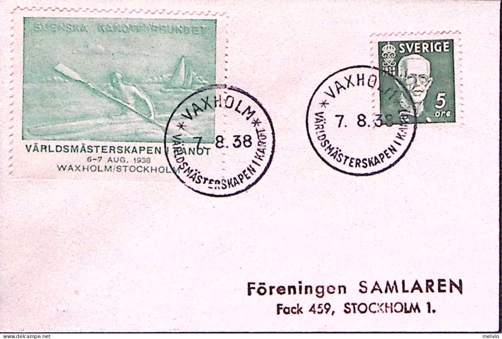 1938-SVEZIA Vaholm Campionato Mondo Canoa Annullo Speciale (7.8) Su Busta - Andere & Zonder Classificatie