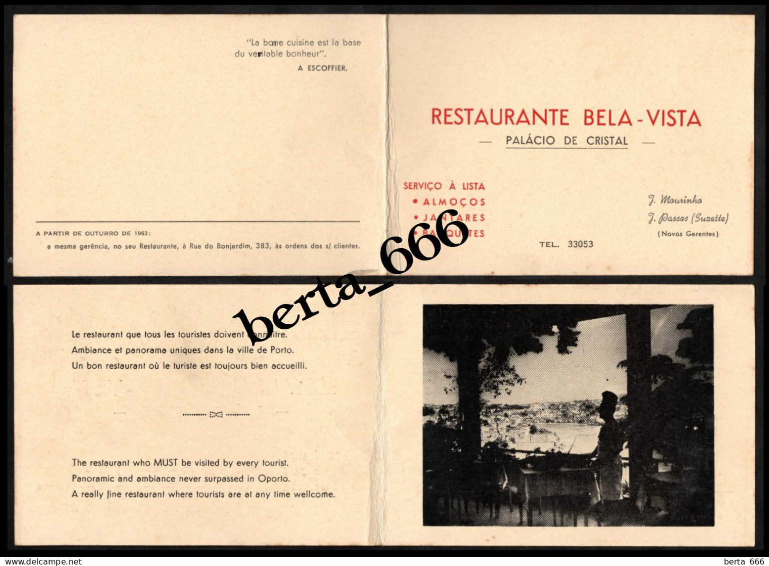 Cartão De Visita * Restaurante Bela-Vista * Palácio De Cristal * Porto * 1962 - Publicidad