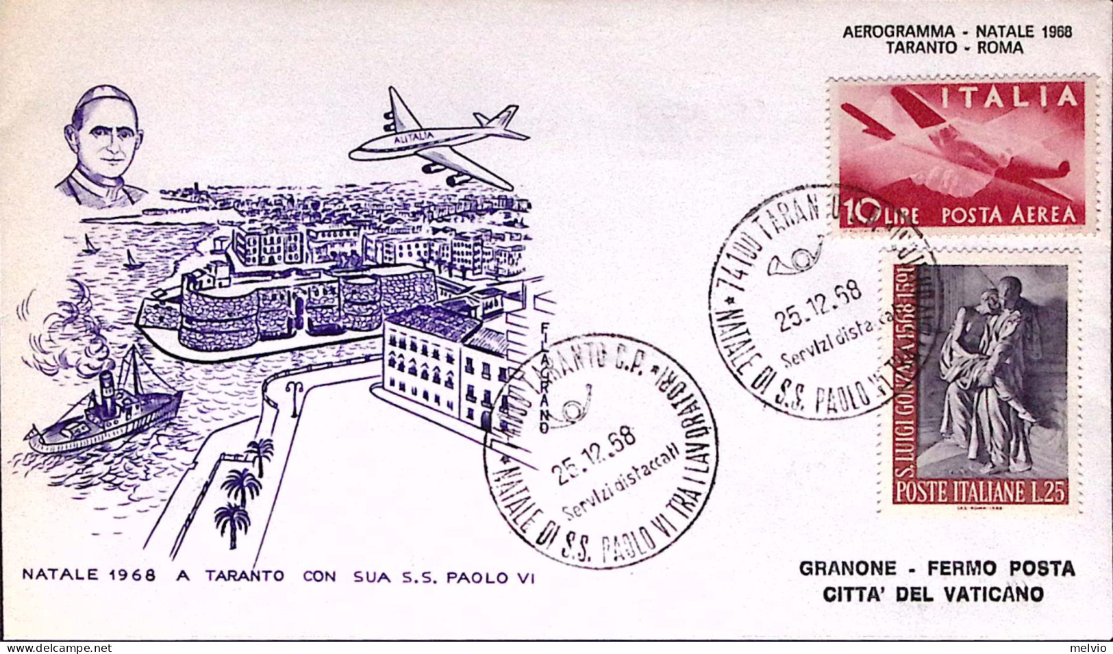 1958-volo Speciale Paolo VI Taranto-Roma Annullo Speciale Taranto (25.12) - Poste Aérienne