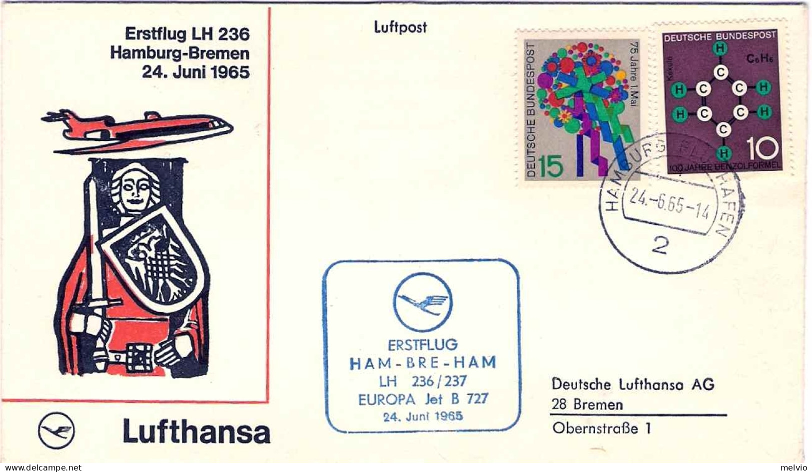 1965-Germania Lufthansa Erstflug LH 236 Amburgo-Brema,al Verso Bollo D'arrivo - Cartas & Documentos