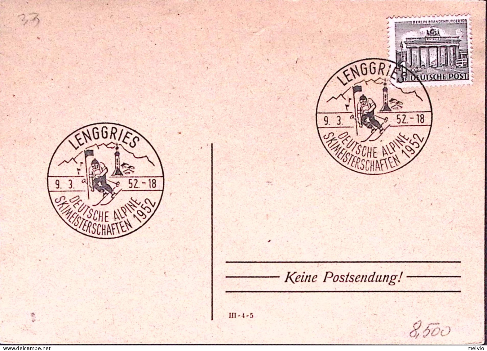 1952-Germania Berlino Lenggries Campionati Sci Annullo Speciale (9.3) Su Cartonc - Lettres & Documents