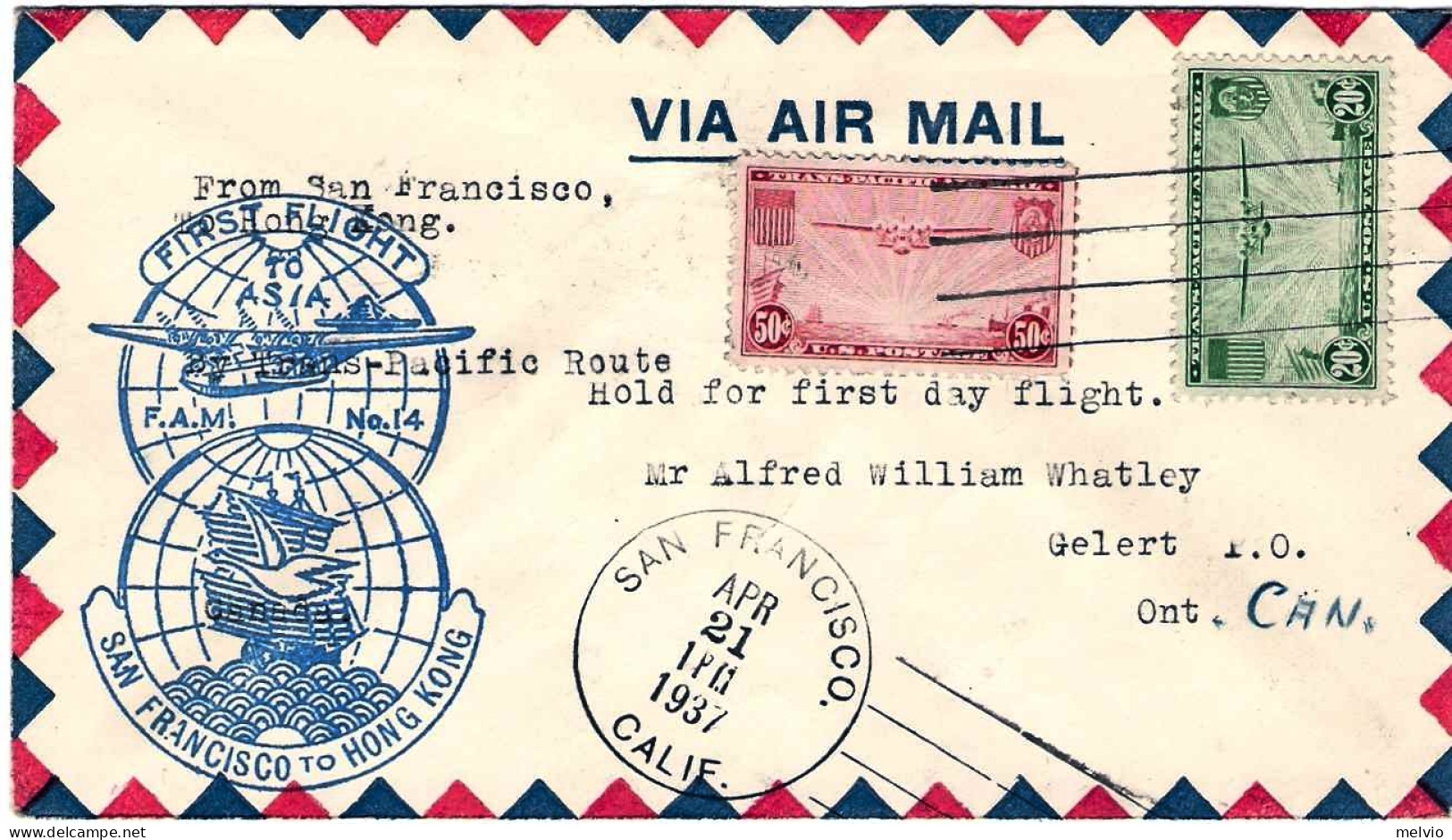 1937-U.S.A. Affr. Con Bel Cachet "First Flight San Francisco-Hong Kong"al Verso  - 1c. 1918-1940 Brieven