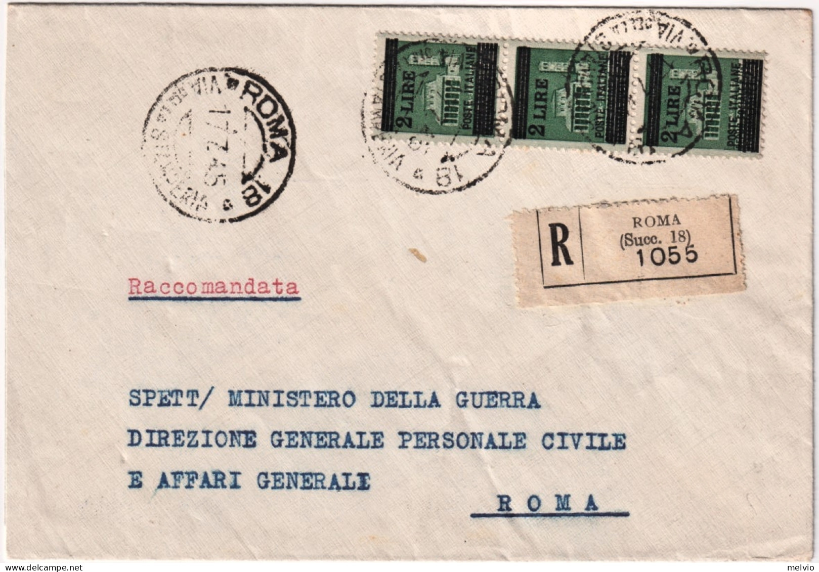 1945-lettera Raccomandata Affrancata Con Striscia L.2 Monumenti Distrutti - Marcophilia