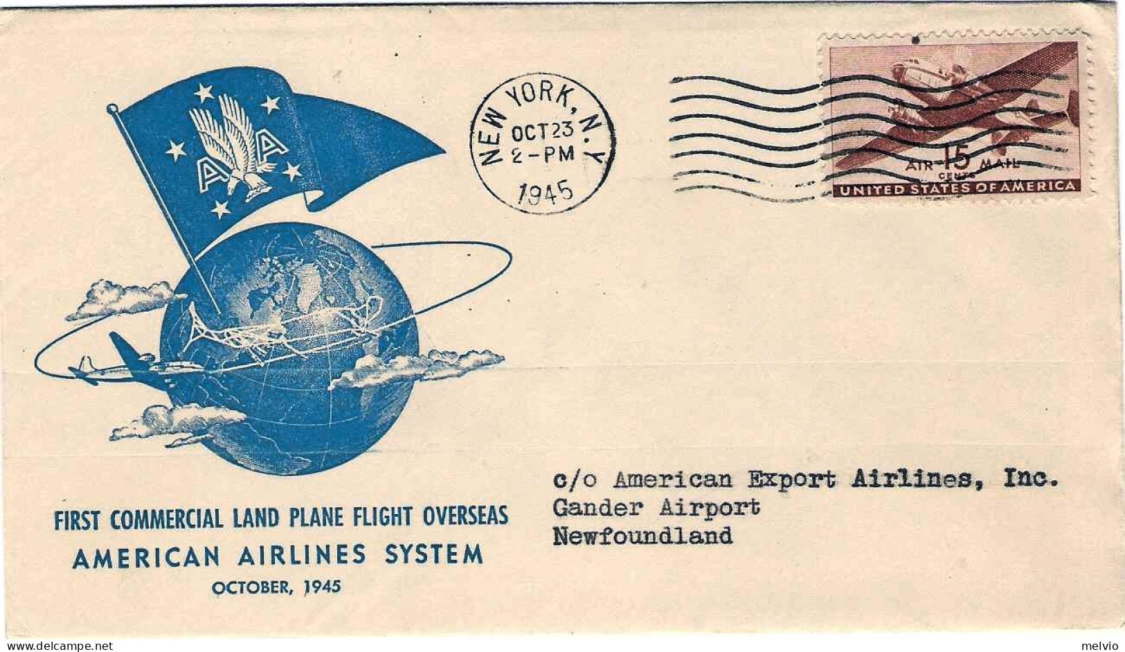 1945-U.S.A. Commemorativo Del I^volo American Airlines New York-Newfoundland, Af - Lettres & Documents