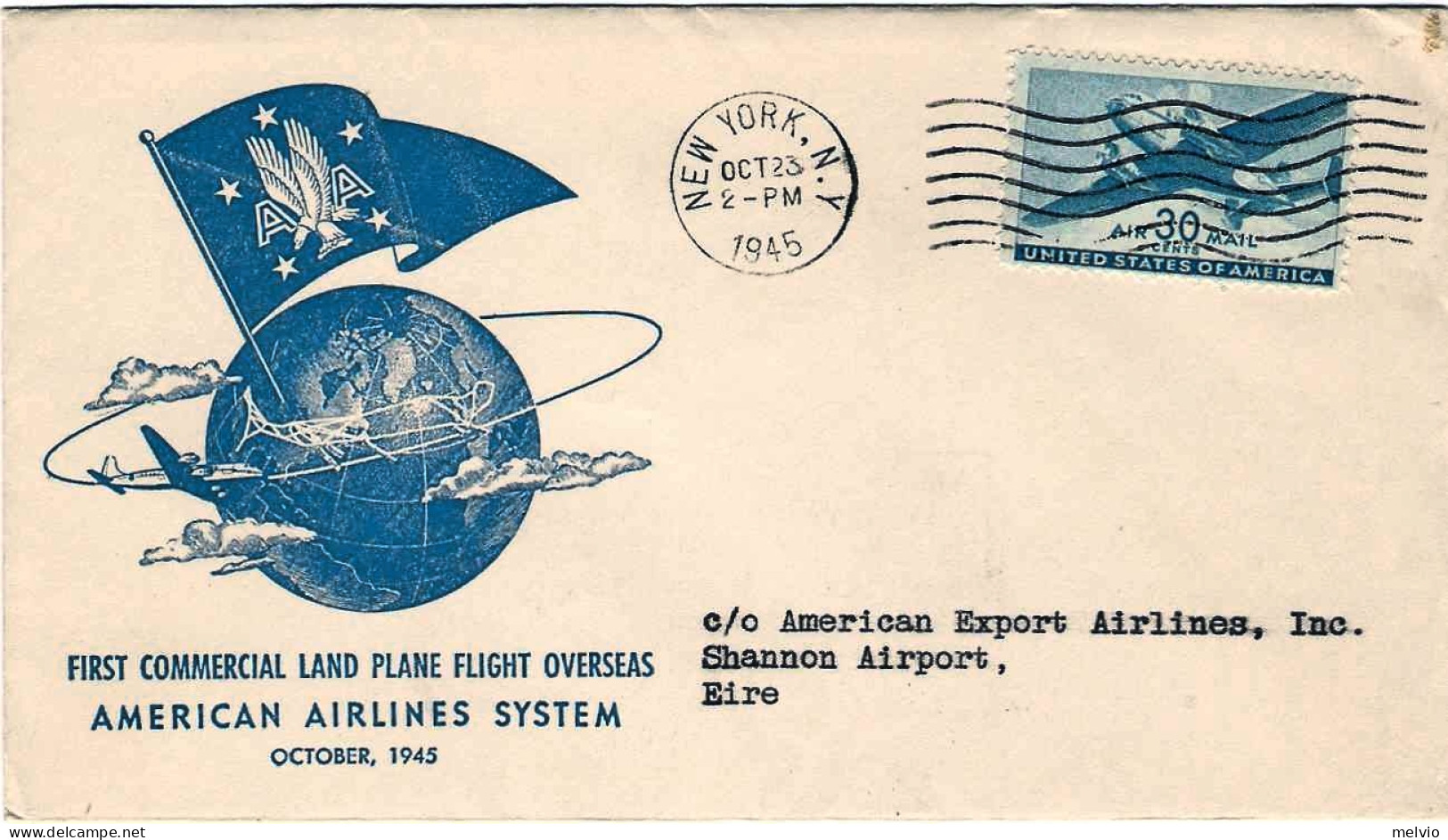 1945-U.S.A. Commemorativo Del I^volo American Airlines New York-Irlanda - 2c. 1941-1960 Lettres