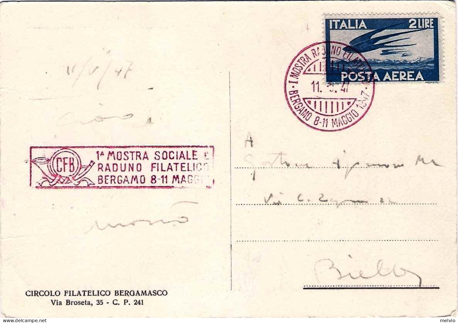 1947-cartolina I Mostra Sociale E Raduno Filatelico Bergamo Affrancata Posta Aer - Bergamo