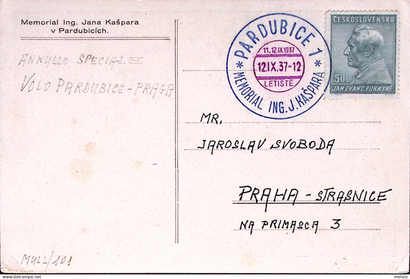 1937-CECOSLOVACCHIA Pardubice Commemorazione Ing. Haspara Annullo Speciale (12.9 - Other & Unclassified