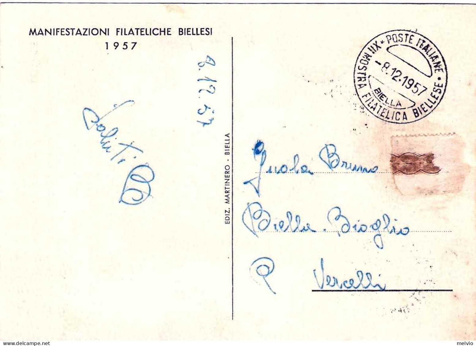 1957-cartolina 12 Mostra Filatelica Biella Affrancata S.2v.Europa Con Annullo Sp - Manifestations