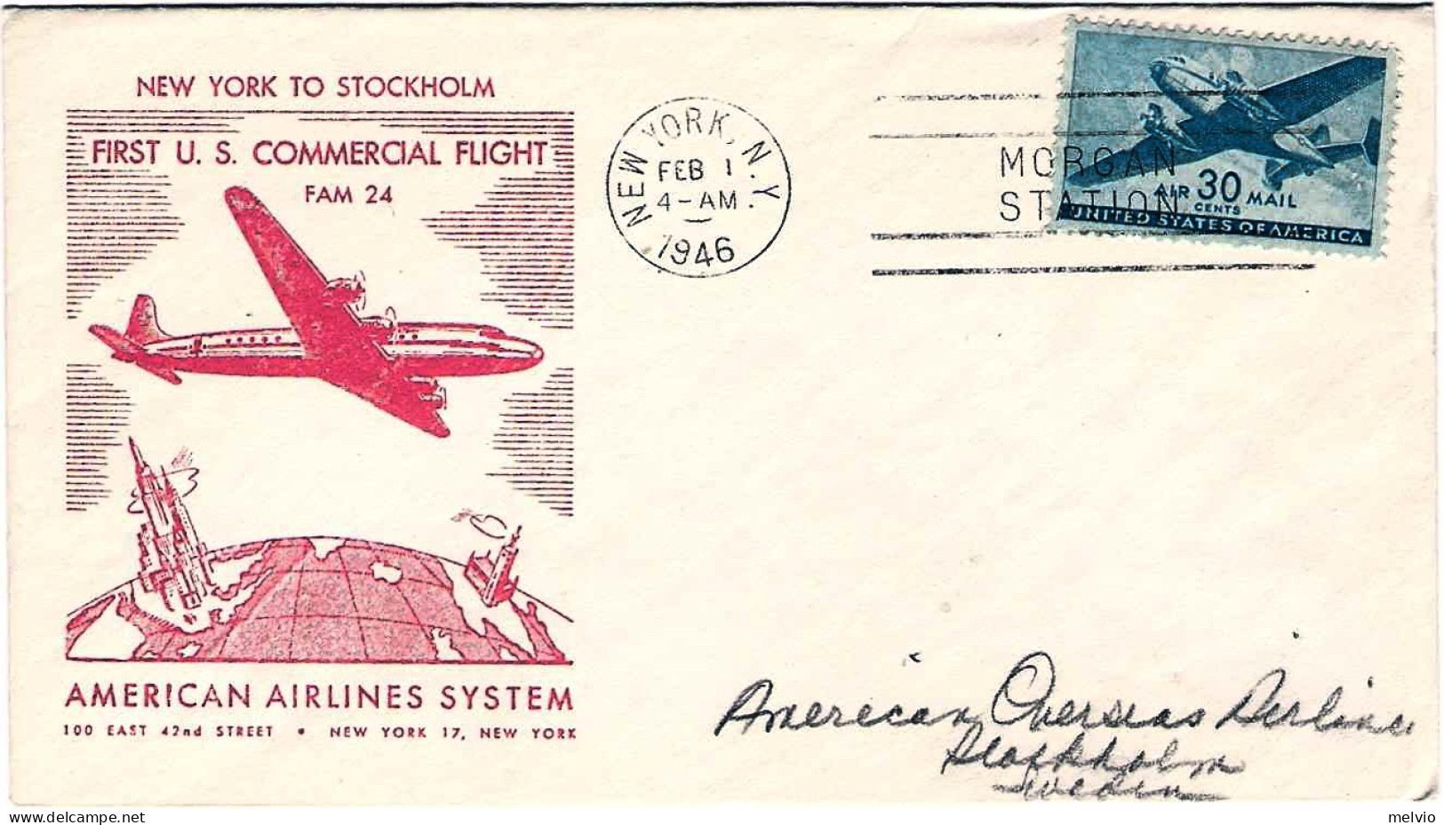 1946-U.S.A. Affrancato Commemorativo Del I^volo FAM 24 New York-Stoccolma - 2c. 1941-1960 Lettres