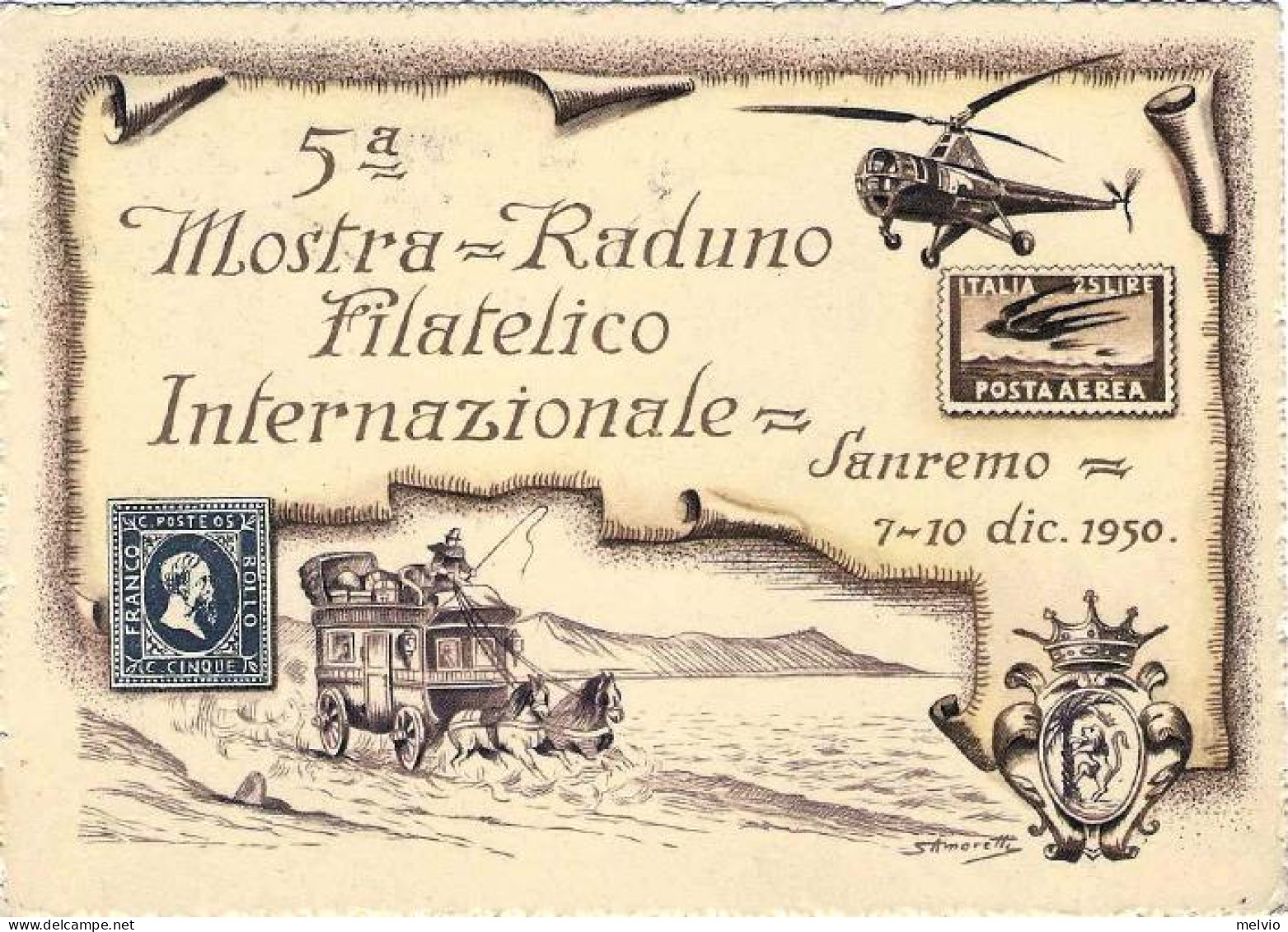 1950-cartolina V Mostra Raduno Filatelico Internazionale Sanremo Affrancata L.5+ - Manifestations