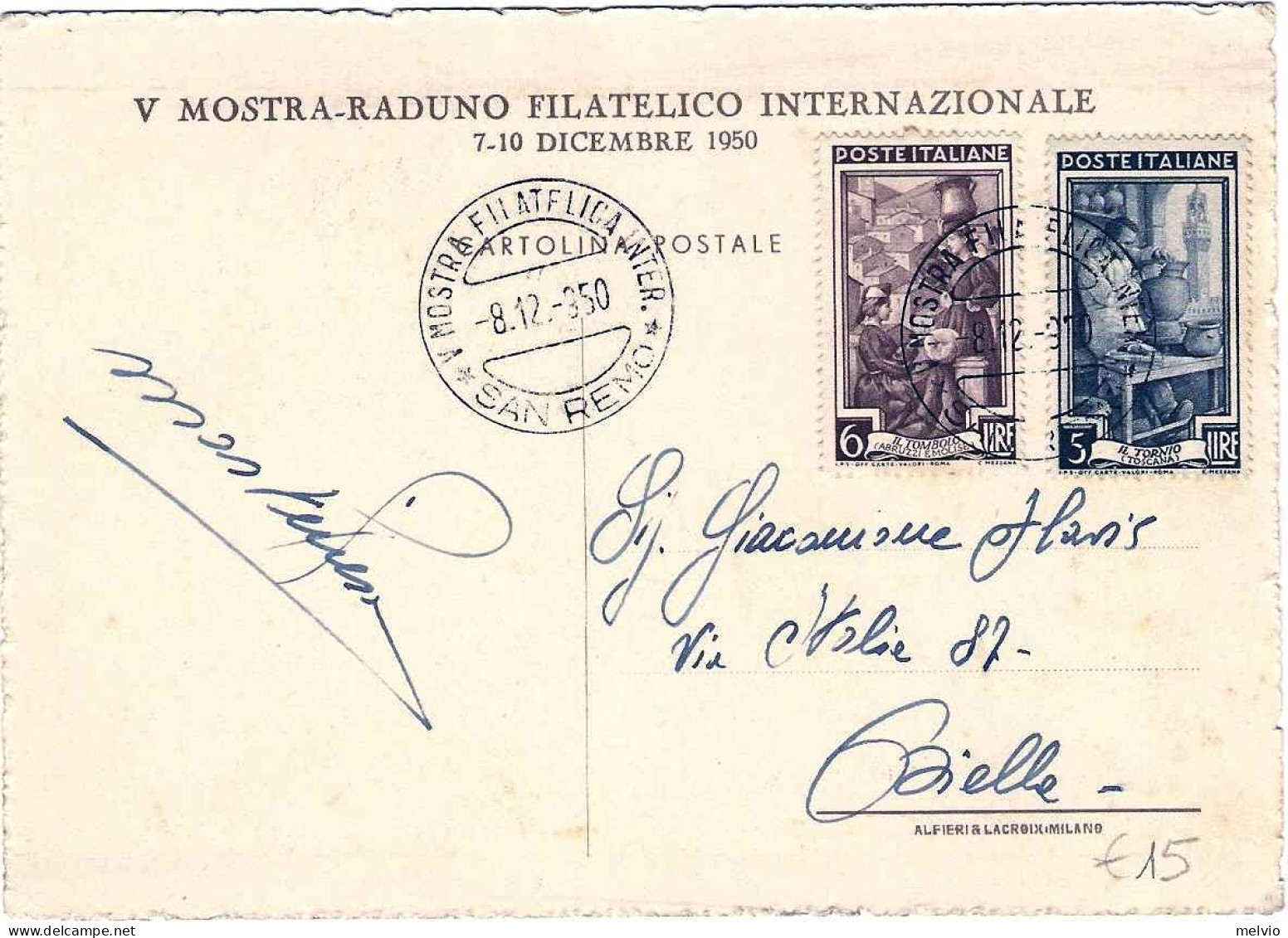 1950-cartolina V Mostra Raduno Filatelico Internazionale Sanremo Affrancata L.5+ - Manifestations