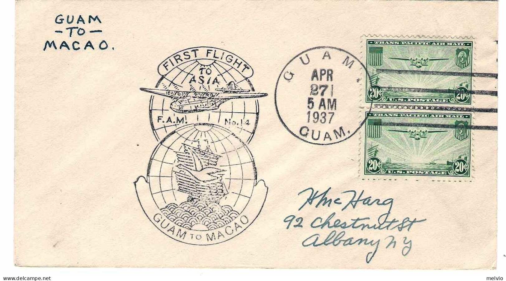 1937-U.S.A. Bel Cachet "First Flight Guam-Macao" - 1c. 1918-1940 Cartas & Documentos