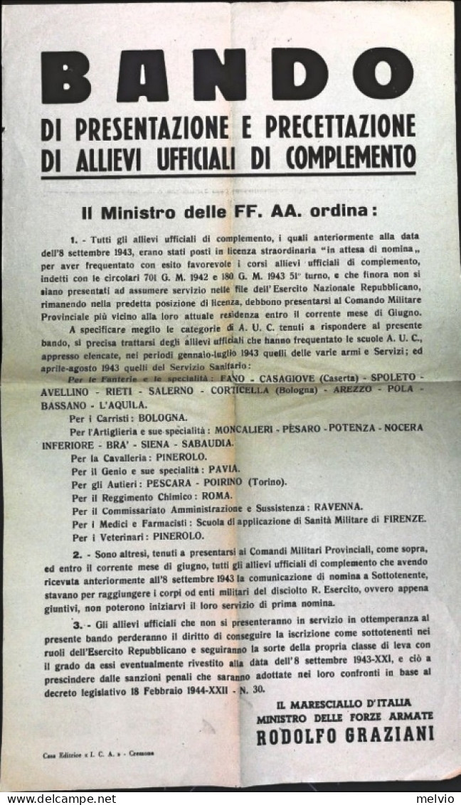 1944-bando Di Presentazione E Precettazione Di Allievi Ufficiali Di Complemento  - Historical Documents