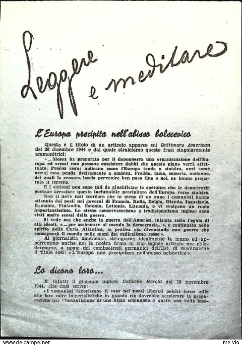 1945-volantino Antibolscevico Leggere E Meditare, Insignificante Strappetto Late - Marcophilie