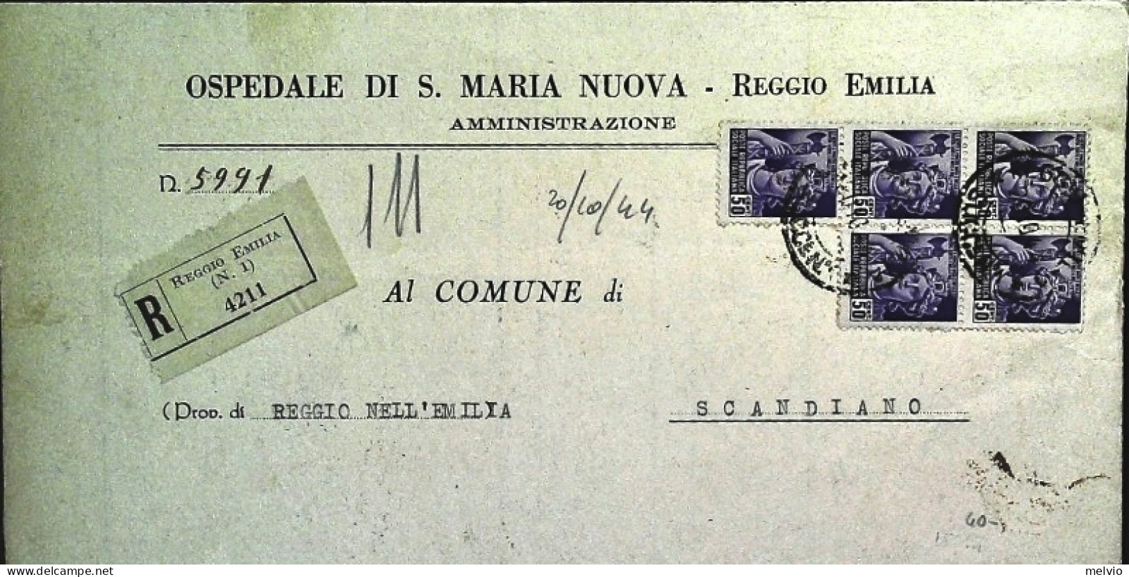 1944-Piego Raccomandato Dall'ospedale Di Santa Maria Nuova Di Reggio Emilia Affr - Poststempel