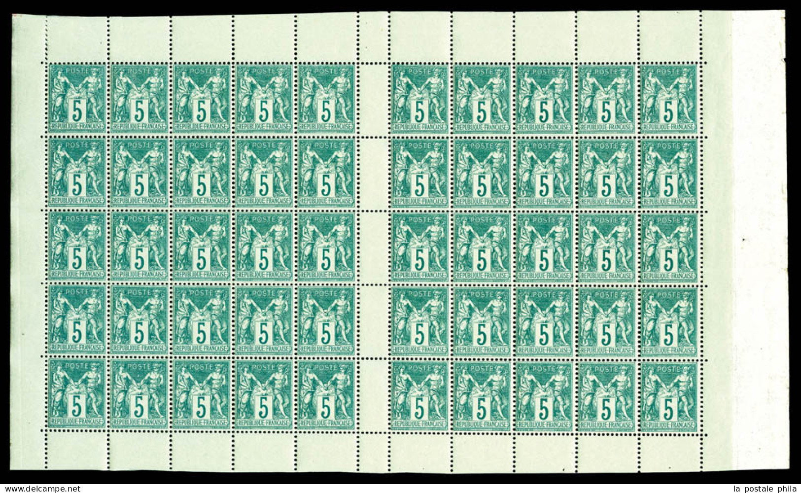 ** N°64, 5c Vert Type I En Panneau Complet De 50 Exemplaires, Fraîcheur Postale, Très Bon Centrage. PIECE EXCEPTIONNELLE - 1876-1878 Sage (Type I)