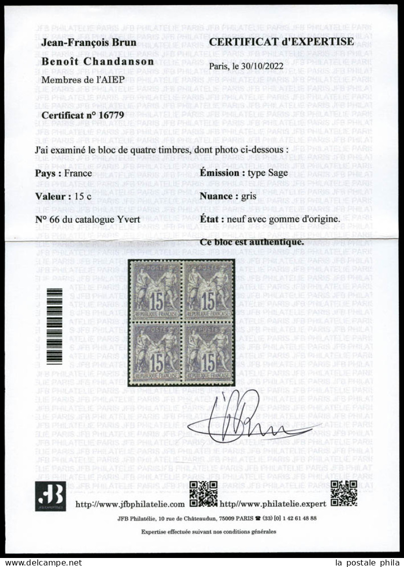 ** N°66, 15c Gris Type I En Bloc De Quatre (2ex*), Fraîcheur Postale. SUPERBE. R.R. (signé Brun/certificats)  Qualité: * - 1876-1878 Sage (Typ I)