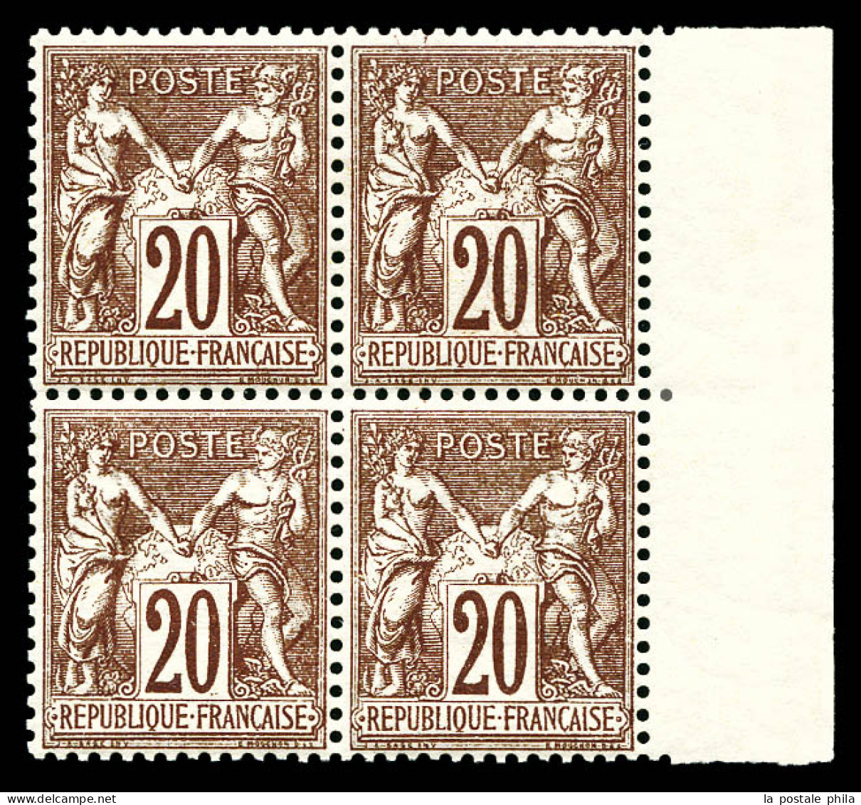 ** N°67, 20c Brun-lilas Type I, Bloc De Quatre Bord De Feuille, Fraîcheur Postale, Très Bon Centrage. SUPERBE. R.R.R (ce - 1876-1878 Sage (Type I)