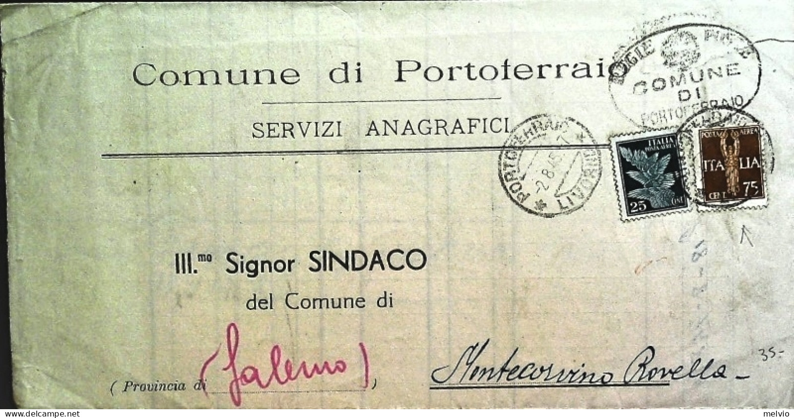 1945-piego Del Comune Di Portoferraio Affrancato Con 2 Valori Di Posta Aerea 25c - Marcophilie