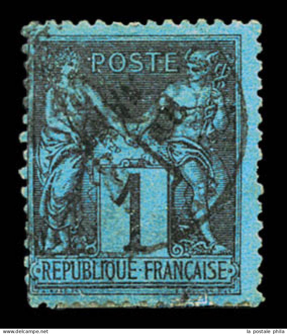 O N°84, 1c Noir Sur Bleu De Prusse, Restauré, Jolie Nuance (certificat)  Qualité: Oblitéré  Cote: 6000 Euros - 1876-1898 Sage (Type II)