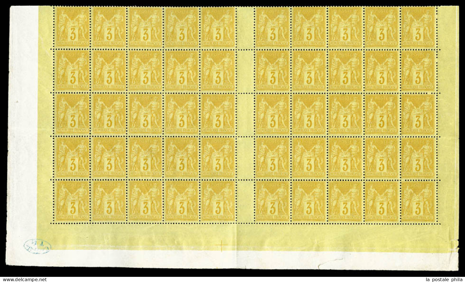 ** N°86, 3c Bistre-jaune, Panneau De 50 Exemplaires Avec Cachet De Contrôle 'TP' En Bleu Et Croix De Repère, Fraîcheur P - 1876-1898 Sage (Type II)