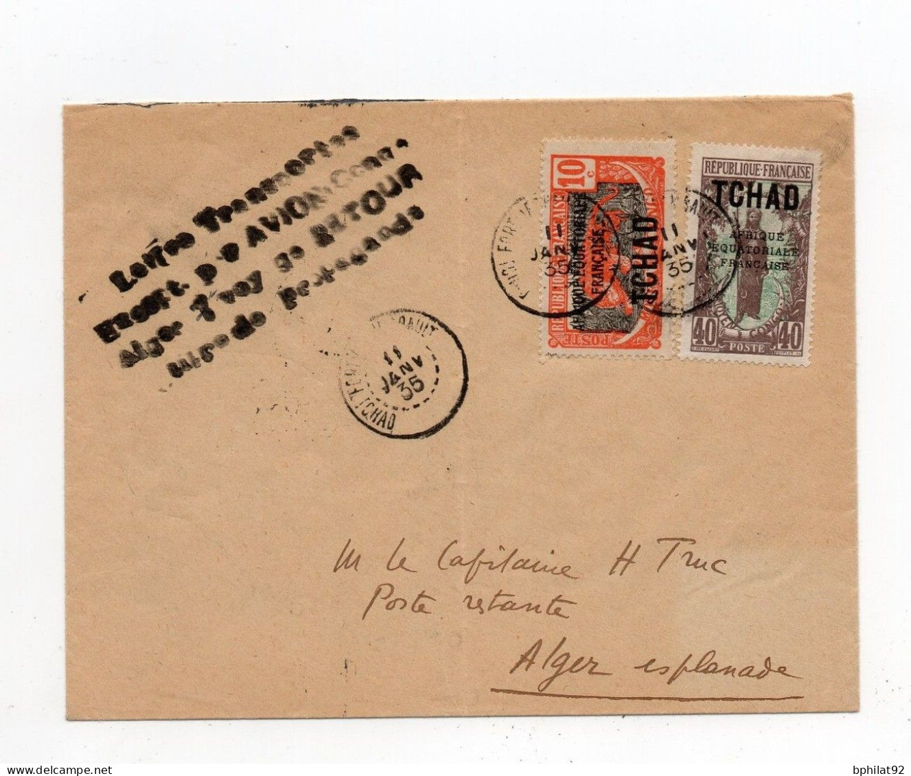 !!! ALGER BRAZZAVILLE PAR AIR AFRIQUE, LETTRE PAR AVION DE FORT ARCHAMBAULT DU 11/1/1935 POUR ALGER - Lettres & Documents