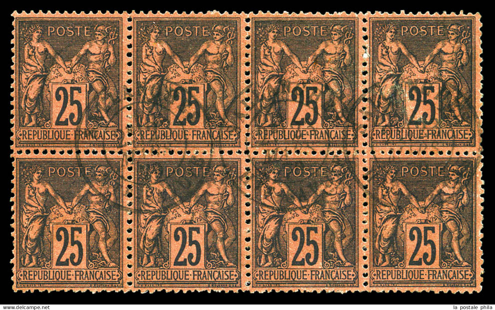 O N°91, 25c Noir Sur Rouge En Bloc De 8 Exemplaires Obl Càd Sallanche, Très Jolie Pièce, SUPERBE (certificat)  Qualité:  - 1876-1898 Sage (Type II)