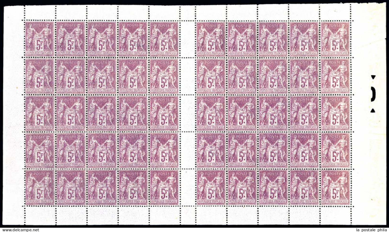 ** N°95a, 5F Lilas-rose Sur Lilas Pâle, Panneau De 50 Exemplaires SANS MILLESIME, Tirage De 1890, Bon Centrage, Fraîcheu - 1876-1898 Sage (Type II)