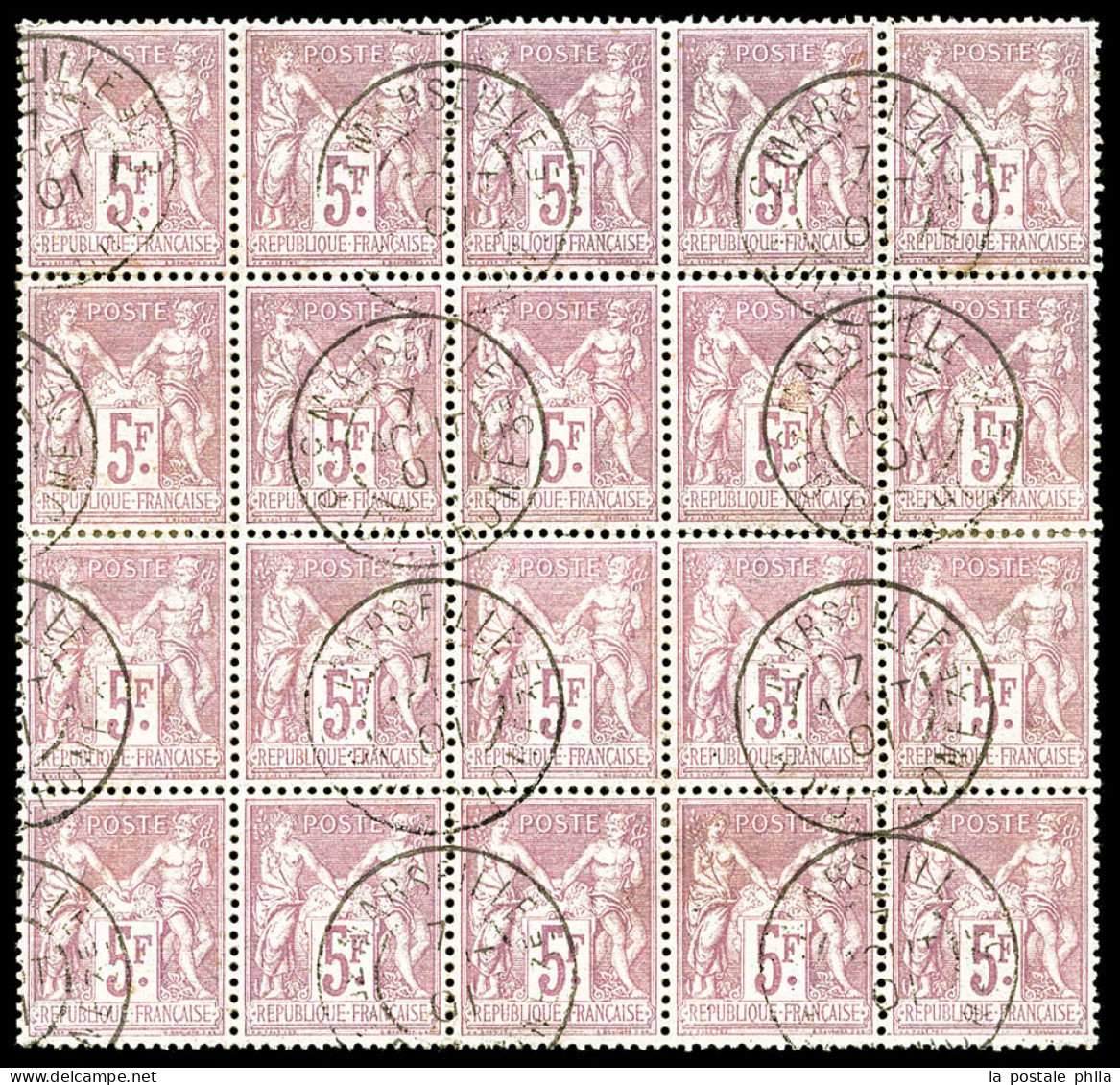 O N°95a, 5F Lilas-rose Sur Lilas-pâle En Bloc De 20 Exemplaires Obl Càd Marseille Du 7oct 1901, Centrage Exceptionnel. S - 1876-1898 Sage (Type II)