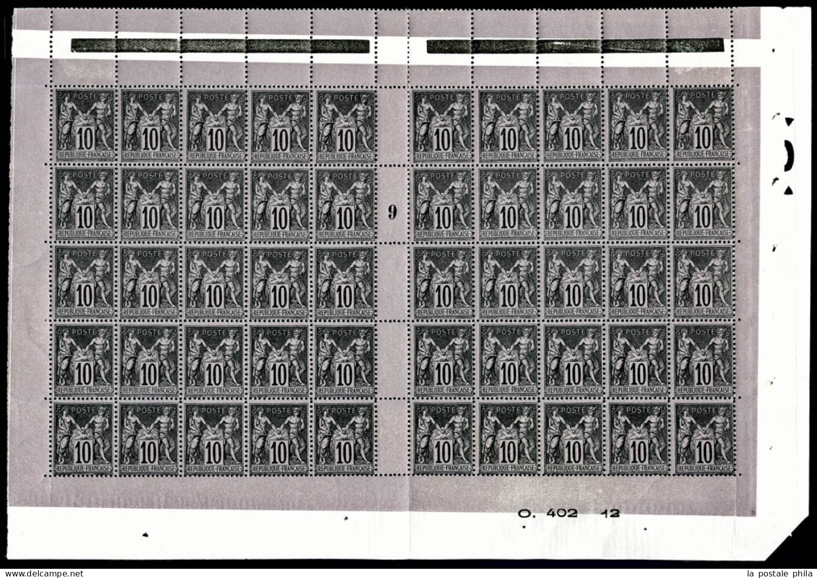 ** N°103, 10c Noir Sur Lilas En Panneau De 50 Exemplaires Bas De Feuille Numéroté, Fraîcheur Postale, SUP (certificat)   - 1898-1900 Sage (Tipo III)