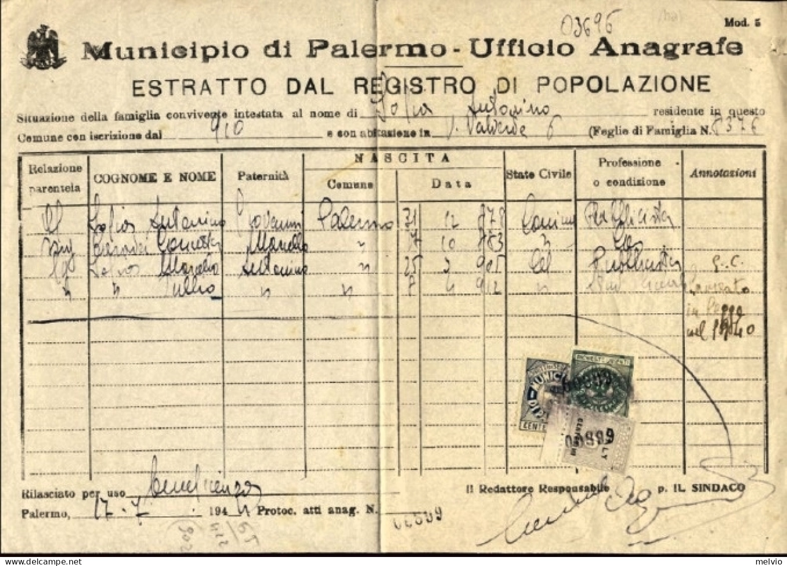 1944-A.M.G. O.T. C.30 Come MARCA + Marche Varie Su Estratto Registro Popolazione - Britisch-am. Bes.: Sizilien